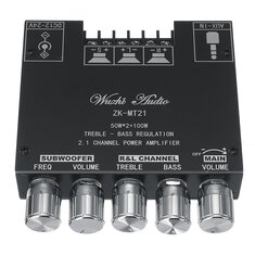 Placa amplificadora de subwoofer ZK-MT21 bluetooth 5.0 50WX2+100W Amplificador de áudio de potência estéreo de 2.1 canais Placa de tom de Bass AMP AUX