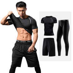 3'lü Erkek Dar Spor Streç Takım Elbise Kısa Kollu Gömlek+Pantolon+Şort Çabuk kuruyan Nefes Alabilir ve Cilt dostu Fitnes Takım