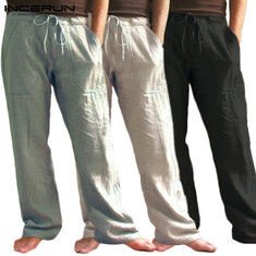 Pantalones rectos de lino y algodón para hombres, pantalones sueltos casuales, pantalones deportivos con cintura elástica para actividades al aire libre y senderismo