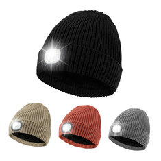 Gorro de lana unisex con forro polar, luz LED y luz nocturna, recargable por USB, sombrero con linterna tejida.