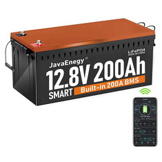[US Direct] Batterie JavaEnegy 12V 200Ah Lifepo4 avec surveillance Bluetooth et APP intégrée. BMS intégré de 200A avec fonction de chauffage. Pack de batterie au phosphate de fer et de lithium pour le stockage solaire 12V 24V 48V, les véhicules électriques, les camping-cars et les bateaux.