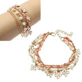 Quattro fogli perla corda in pelle rosa catena della lega braccialetto a più strati