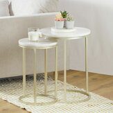 Real Marble Coffee Table set of 2 Round Side End Table Metal Base