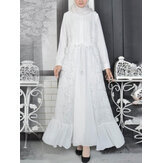 Retro Solid Color Stitching Ruffles Hem Lace Up Long Sleeve Muslim Kaftan Maxi Dress