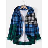 Mens Cotton Patchwork Plaid Chest Pocket Hooded Shirts