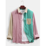 Camisas masculinas de veludo cotelê Colorblock patchwork casual de manga comprida com bolso