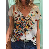 Γυναικεία πεταλούδα εκτύπωσης V-neck καλοκαίρι κοντό μανίκι χαλαρά μπλουζάκια
