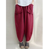 Women High Elastic Waist Pockets Solid Color Pants