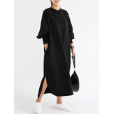 Sıradan Kadın Mürettebat Boyun Yarasa Kol Çizgili Siyah Uzun Sweatshirt Elbise