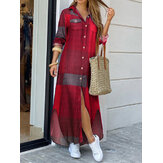 Γυναικεία casual καρό εκτύπωση Ακατάλληλο διαχωριστικό πουκάμισο Hem Maxi Φόρεμα με πλαϊνές τσέπες
