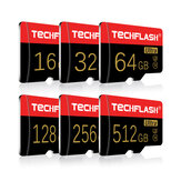 TECHFLASH Classe 10 TF Cartão de Memória Flash Drive 4GB-256GB Com Adaptador de Cartão Preto-Ouro Estilo Para iPhone 12 Smartphone Tablet Switch Speaker Drone Carro DVR GPS Câmera