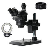 Microscópio estéreo binocular trinocular de laboratório de alta qualidade Simul-Focal 7X-50X com lente objetiva Barlow 2.0X com luz LED 144