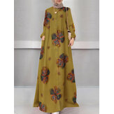 Women Floral Print Holiday A-Line Button Up Long Sleeve Muslim Dress Abaya Kaftan With Pocket