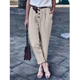 Pantalon sarouel décontracté en coton lâche à bouton de couleur pure pour les femmes
