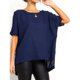 Γυναικεία μπλούζα σιφόν με χαμηλό στρίφωμα O-λαιμό κοντό μανίκι