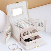 Große Leder-Schmuckbox mit großer Kapazität zur Aufbewahrung von Ohrringen, Ringen, Halsketten mit Spiegel und Schmuck-Organizer