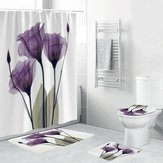 4-teiliges wasserdichtes Badematten-Set mit rutschfesten Teppichen, Toilettenbrillenbezug und Duschvorhang