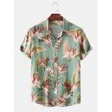 Camisas de manga curta de algodão com estampa floral e gola dobrável para homens para férias no Havaí