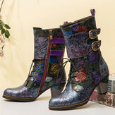 Original 
            SOCOFY Vintage Floral Embossed Genuine Leather Warm Lining Casual Chunky Heel Boots