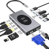 Bakeey 14 In 1 Triple عرض USB-C Hub Docking Station محول مع 5 * USB 3.0 / 10W Wireless شاحن / 100W Type-C PD / Dual HDMI 4K عالي الوضوح عرض/VGA / 3.5mm صوت Jack / RJ45 Network مدخل / Memory القراء