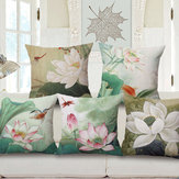 Pokrowiec na poduszkę dekoracyjną Honana WX-D1 o wymiarach 45x45cm z bawełny i lnu z motywem kwiatu lotosu.