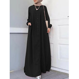 Women Button Front Kaftan Robe Long Sleeve Shirt Maxi Dresses With Pocket