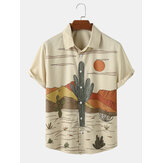 Camisas de manga corta con estampado de paisaje desértico de cactus y plantas tropicales para hombres