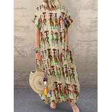 Women Ethnic Style Figure Print Round Neck Short Sleeve Loose Baggy Maxi Dresses
