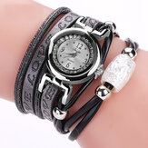 Relógio de pulseira em couro bovino vintage com pingente de cruz de contas, pulseira de couro para senhora e relógio de pulso de quartzo para homens