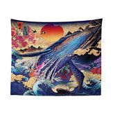 Tapeçaria 3D de parede Grande onda oceânica japonesa com baleia e pôr do sol, manta pendurada para decoração de casa na sala de estar