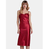 Spaghetti Adjustable Straps Backless Satin Glossy Nightgown