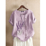 Camisetas vintage con botones en el cuello y bordado floral en las mangas cortas para mujer
