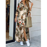 Women Cotton Flower Print Loose Casual Maxi Shirts Dress with Front Pockets