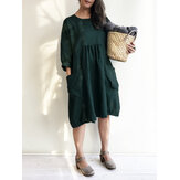 Women Casual Solid Color Loose Cotton Shirt Dress with Pockets