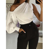 Casual Asymmetrical Shoulder Lantern Sleeve Solid Tops Shirts For Women