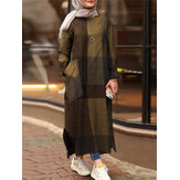Women Vintage Plaid Print Side Split Maxi Dress Kaftan Tunic with Side Pockets