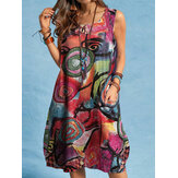 Ärmelloses, legeres Midi-Kleid mit abstraktem bemaltem Knopf und Tasche