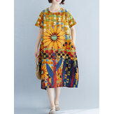 Contrasterende kleur bloemenprint O-hals midi-jurk met korte mouwen en zak