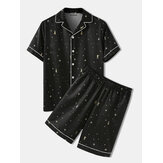 Mens Star Pattern Gemütliche Revere Kragen Schwarz Home Casual Pyjama Set