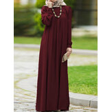 Vestido largo vintage con cuello redondo, botones y mangas abullonadas para mujer de color sólido