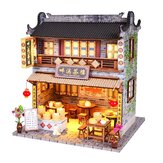 Casa de boneca de madeira faça você mesmo com móveis LED Kits de luz em miniatura Casa de chá chinesa presente modelo quebra-cabeça para festival de brinquedos