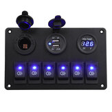 Panel de interruptores basculantes con LED azul de 6 gangas para coches, barcos y circuitos marinos, doble USB resistente al agua