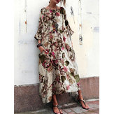 Frauen 3/4 Ärmel Rundhalsausschnitt Blumendruck Vintage Lang Maxi Kleid