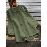 Women Cotton Solid Color High-Low Hem 3/4 Sleeve Button Casual Blouse