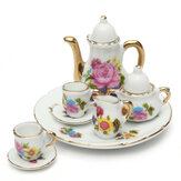 Conjunto de Chá Vintage de Porcelana com 8 peças, bule, xícaras florais retrô, decoração para casa de bonecas, brinquedo