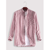 Mens Cotton vertical Stripe Chest Pocket long Sleeve Casual Shirts