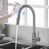 304 Edelstahl Spülbecken Wasserhahn Einhand Dehnbar Assistive Touch Switch Control Drehbarer Küchenhahn mit 60 cm Wasserleitungen