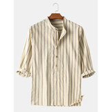 Mens 100% Cotton Striped Henley Collar Mid Sleeve Shirts