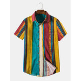 Mens Casual Cotton Linen Breathable Colorful Striped Shirts