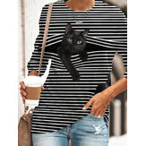 Black Cat Print O-neck Long Sleeve Striped Plus Size Casual T-shirts